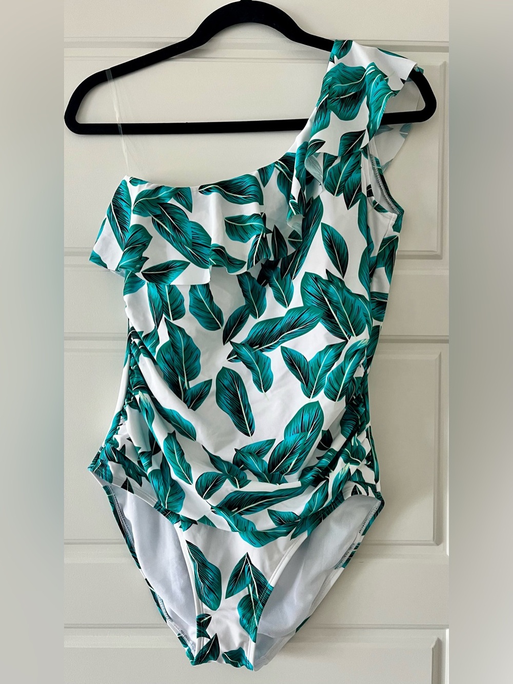 One-Shoulder White Swim One-Piece with Green Tropical Leaf Print